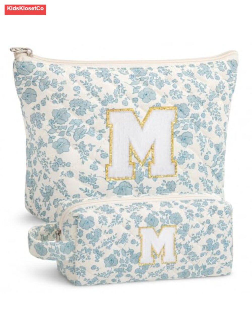 Personalized Initial Makeup Bag Set Travel Cosmetic Pouch Quilted Cotton 2 Piece